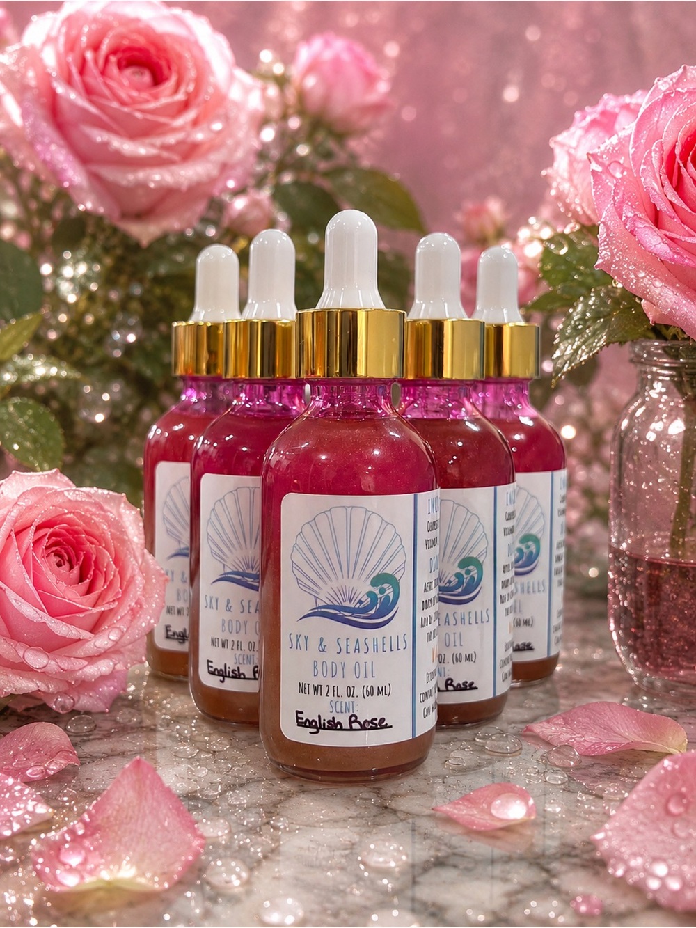 Hand Crafted “English Rose” Scented Body Oil Sky & Seashells